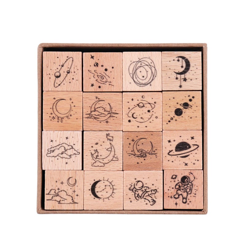 RisyPisy 16 Pieces Vintage Wooden Rubber Stamps, Universe & Galaxy Scrapbooking Decorative Rubber Stamp Set, Wood Mounted Rubber Stamps for Crafting Arts and Crafts, Journals, Card Making - Image 1
